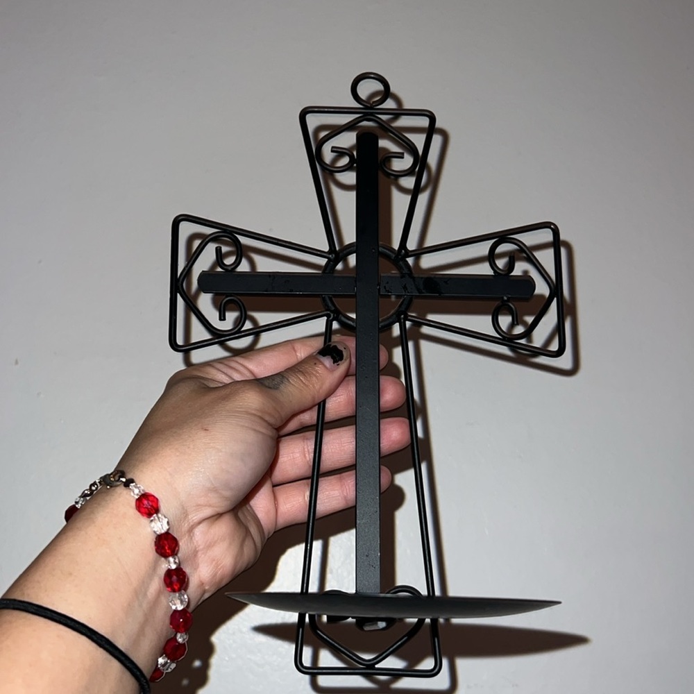 Black Wrought Iron Wall Cross two Candle Holders
